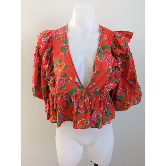 Rhode Size Small Elodie Crop Top Red Tiered Ruffle 100% Cotton Floral V Neck - Picture 4 of 13